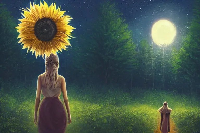 Prompt: giant sunflower head, girl walking in a moonlit forest, hills, surreal photography, dark night, star trails, dramatic light, impressionist painting, clouds, digital painting, artstation, simon stalenhag