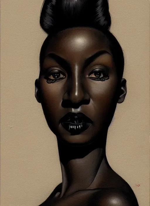 Image similar to portrait of a dark skinned woman with a crooked nose and a confident expression, 1 9 6 0 s, black clothes, goth, punk, funk, intricate, elegant, highly detailed, digital painting, artstation, concept art, smooth, sharp focus, illustration, art by wlop, mars ravelo and greg rutkowski