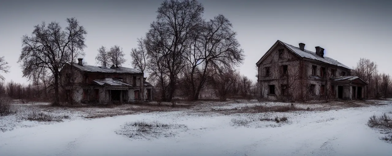 Image similar to landscape, soviet farmhouse, abandoned, lifeless, winter, atmospheric, mystical, very detailed 4 k