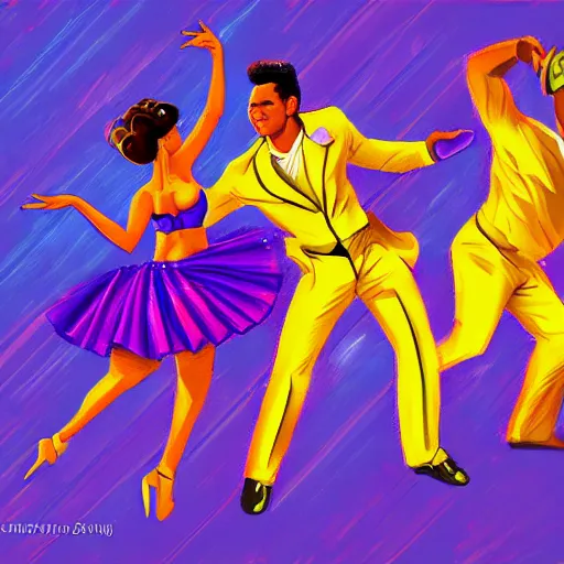 Image similar to semi realistic portrait of The sun is exploding while Latino Cubans Dancers Salsa Dancing by Stanley Artgerm Lau, sun exploding on the background, Gesture draw, Salsa Social Dance, couple, lady using yellow dress, guy using the purple fancy suit, Salsa tricks, explosive background, WLOP, Rossdraws, Gesture draw, James Jean, Andrei Riabovitchev, Marc Simonetti, and Sakimichan, trending on artstation