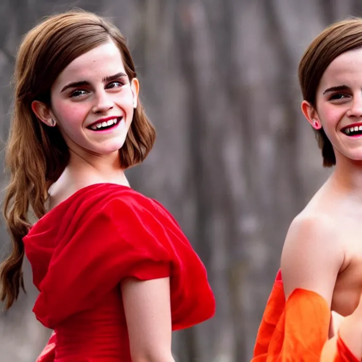 Prompt: Joyful! smiling Emma Watson wearing red clothes, in the style of The emperor's new groove (2000). Clear body. Light Clothes. Cinematic. Low angle. 8k. Clear Face.