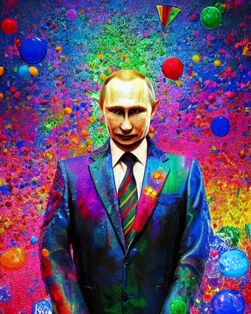 Prompt: a highly detailed portrait of Vladimir Putin as a colorful clown, gay pride flag background, intricate, digital painting, old english, particles floating, whimsical background by marc simonetti, John Singer Sargent style