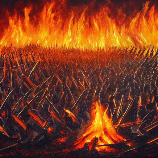 Image similar to hyper realistic oil painting of 10 thousand swords in a huge fire with embers rising up and war in the background