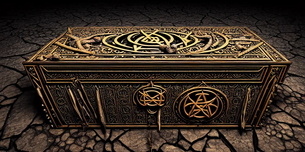 Image similar to an ancient ornate intricate old spell satanic coffin with the sigil symbol of evil emblazoned on the cover, in a unknown cave, cinematic, realistic, intricate detail, finely detailed, small details, extra detail, photorealistic, high resolution, 3 d, pbr, path tracing, volumetric lighting, octane render, arnold render, 8 k