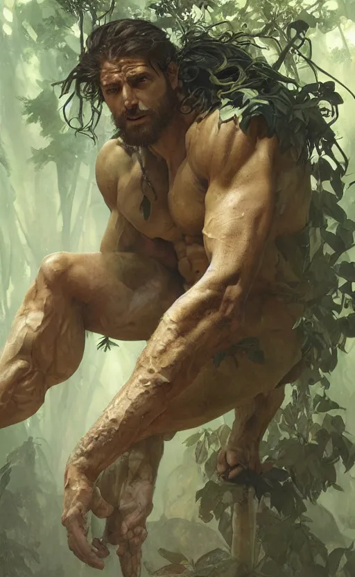 Image similar to god of the forest, 3 0 years old, rugged, male, gorgeous, detailed face, amazing, thighs!!!!!!, muscular, intricate, highly detailed, digital painting, artstation, concept art, sharp focus, illustration, art by greg rutkowski and alphonse mucha