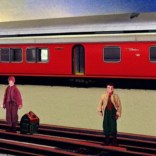 Prompt: a futuristic painting of two hobbits from tolkien lord of the rings standing on the platform of a train station, a big red train is waiting at the platform in the style of dali