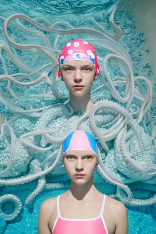 Image similar to full head and shoulders, beautiful porcelain female person, smooth, delicate facial features, big detailed eyes, white lashes, wearing a pale blue swimming cap and pale pink swimming costume, 3 d white large octopus tentacles, standing in a pastel soviet swimming pool, by daniel arsham and james jean