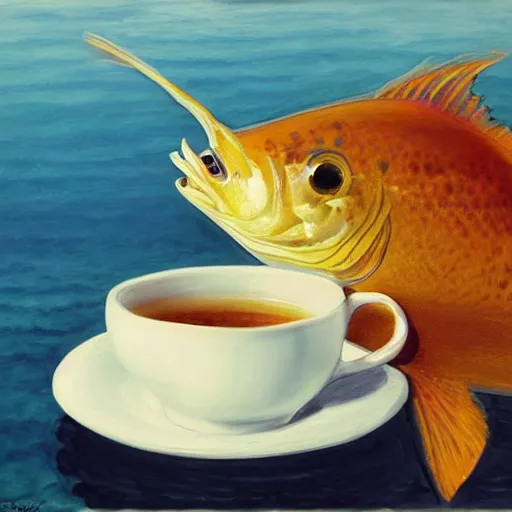 Prompt: a real fish is drinking from a cup of tea, photorealism