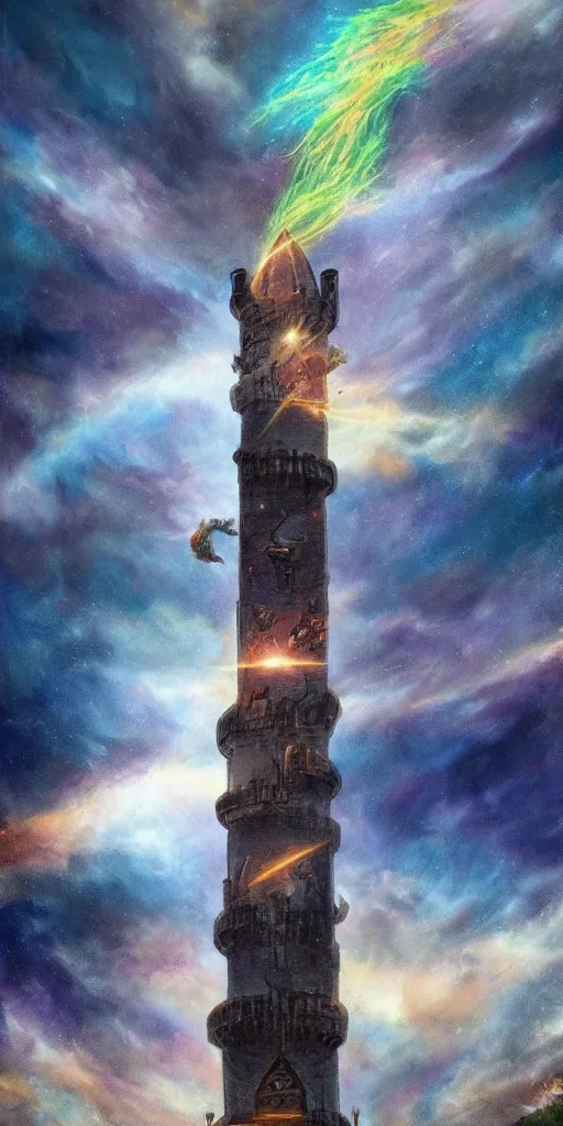 Prompt: the tower tarot card, airbrush sky realistic stormcloud with glimpses of flares