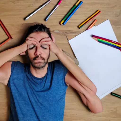 Image similar to exhausted man surrounded by colored pencils and papers