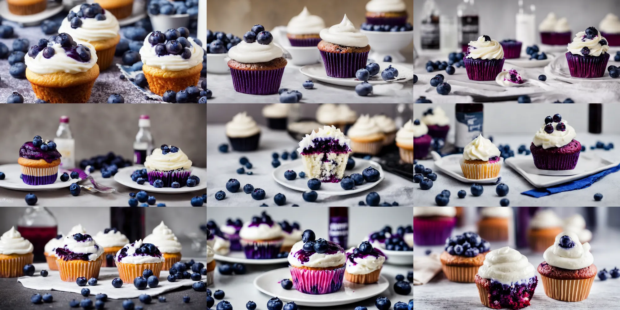 Prompt: dslr food photograph of a blueberry cupcake white creme topping and a bottle of blueberry sauce on the side, 8 5 mm f 1. 8