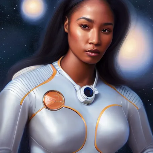 Image similar to a portrait of a very beautiful POC woman in a spacesuit, Alexandria's genesis, chin-length hair, bored, illustration, soft lighting, soft details, painting oil on canvas by mark arian by artgerm, trending on artstation, 4k, 8k, HD