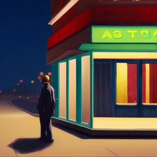 Image similar to a lonely street at night with a sad man in a jacket sitting on the street, in the style of Edward Hopper, 4K,