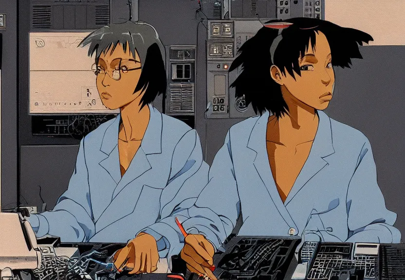 Image similar to dark skin woman wearing a white lab coat with a blue wolf haircut, body connected to wires and connected to 1 9 8 0 s computers, painted by yoshitoshi abe and makoto shinkai, in the style of serial experiments lain, dynamic lighting, dark ambience, 3 5 mm, cell - shaded, detailed face, retro