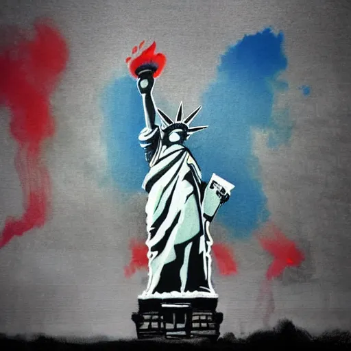 Prompt: a street art of a statue of liberty, tumultuous clouds of smoke and fog by basquiat and ralph steadman,, trending on artstation, digital art, cosmic, constrast, saturation, vibrant, - n 7