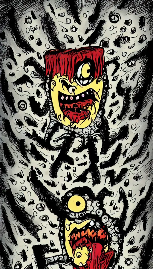 Image similar to a storm vortex made of many demonic eyes and teeth, by jhonen vasquez