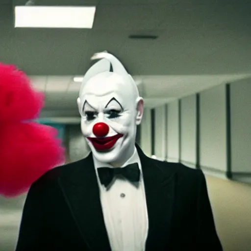 Image similar to blurry film still of a man wearing a suit and a latex mask of a clown from the dark knight's bank robbery scene