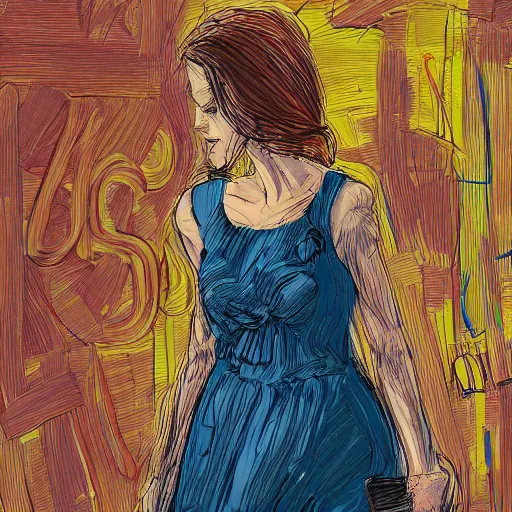 Image similar to beautiful young woman in a sundress, trending on artstation, intricate details, in the style of frank auerbach, in the style of sergio aragones, in the style of martin ansin, in the style of david aja, in the style of mattias adolfsson