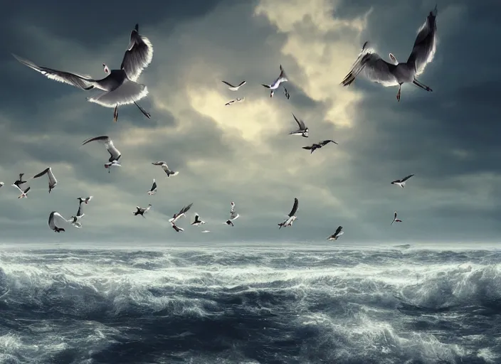 Prompt: independent picture scenery artwork in style by robert svebeck and haruki marakami, rendering of seagulls babies learning to fly, singing on a mystical field, dramatic sky, matte painting, trending on artstation and unreal engine