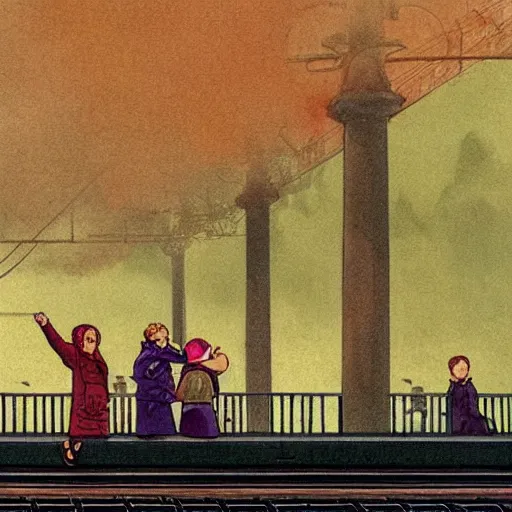 Image similar to a mother is waving her children off as a steam departs from an 18th centaury train station in England. Bright colours, illustrated in the style of François Schuiten, highly detailed, matte painting, illustration, concept art, cinematography