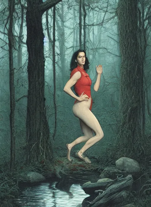 Prompt: portrait of jennifer connelly in searching in the woods standing before the mysterious small pond, twin peaks poster art, from scene from twin peaks, by michael whelan, rossetti bouguereau, artgerm, retro, nostalgic, old fashioned