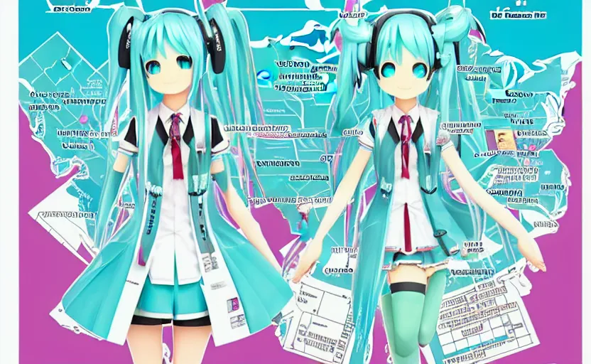 Image similar to hatsune miku across america map, map key, tourist map, brochure