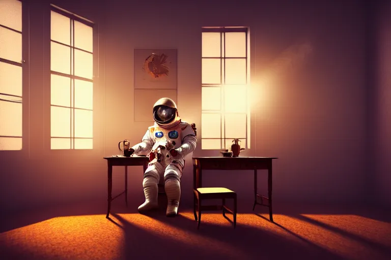 Prompt: a single cosmonaut in a spacesuit drinks a steaming cup of tea at an old wooden desk in a richly decorated Victorian house. the autumn light comes in through a window and dimly illuminates the room, diffuse light, octane render,