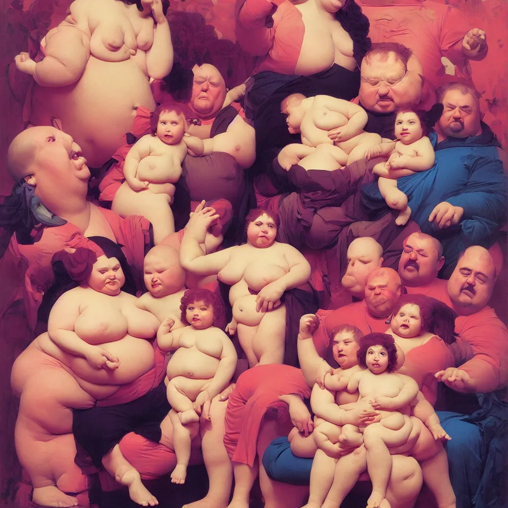 Image similar to sad and disturbing portrait of happy obese american family, vivid colors, neon, art by ( ( ( kuvshinov ilya ) ) ) and wayne barlowe and francis bacon and artgerm and wlop and william - adolphe bouguereau