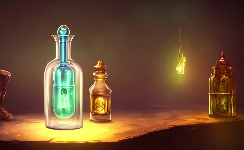 Image similar to a magic potion bottle on an alchemists table, dynamic lighting, ambient lighting, atmospherical, photorealistic fantasy concept art, trending on art station, stunning visuals, creative, cinematic, ultra detailed