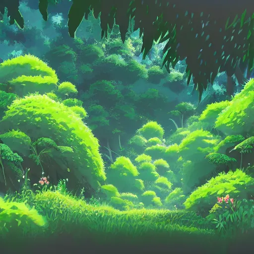 Prompt: a forest clearing with lush flora in the style of studio ghibli, anime