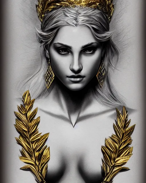 Image similar to tattoo design sketch of hot blonde super model as aphrodite greek goddess wearing a gold laurel wreath and triangle earrings, beautiful piercing gaze with sharp pupils, in the style of greg rutkowski, fantasy, amazing detail, epic, elegant, smooth, sharp focus, front view