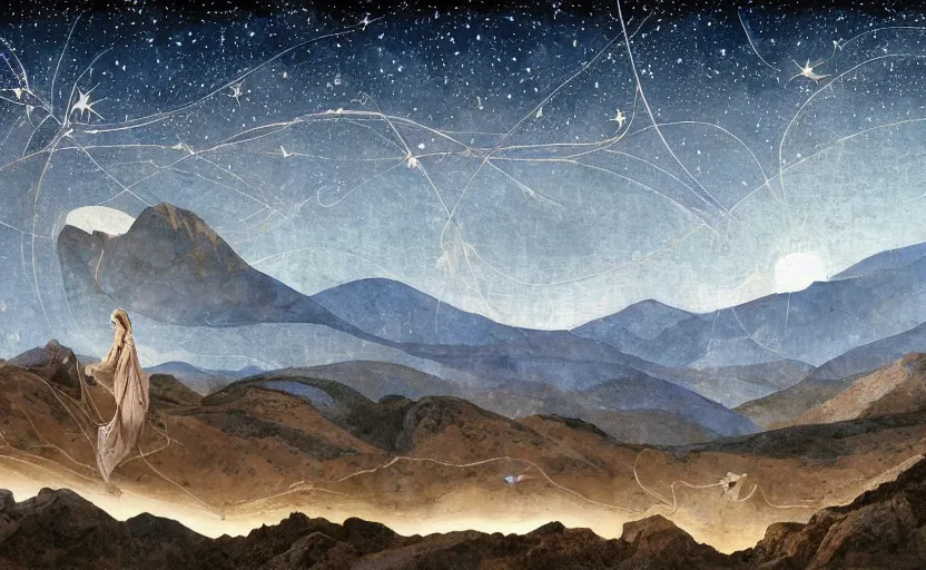 Image similar to mountains, stars and paisley filled sky, artstation, intricate, highly detailed, digital painting, concept art, sharp focus, illustration by Piero della Francesca and Yoshitaka Amano