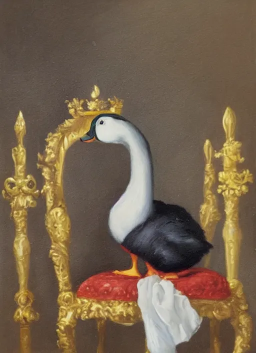 Image similar to oil painting of a royal duck sitting on a throne
