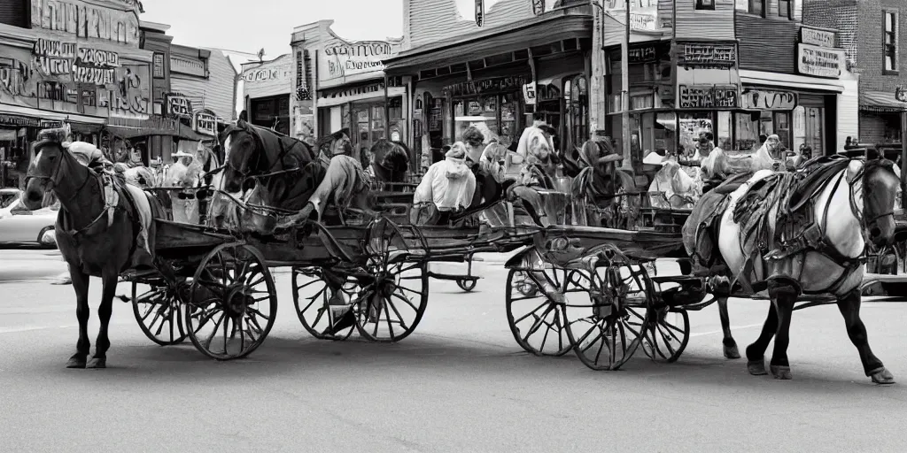 Image similar to huge cowboy pushing a wagon on a busy old west Main Street in the style of Fredrick Remington