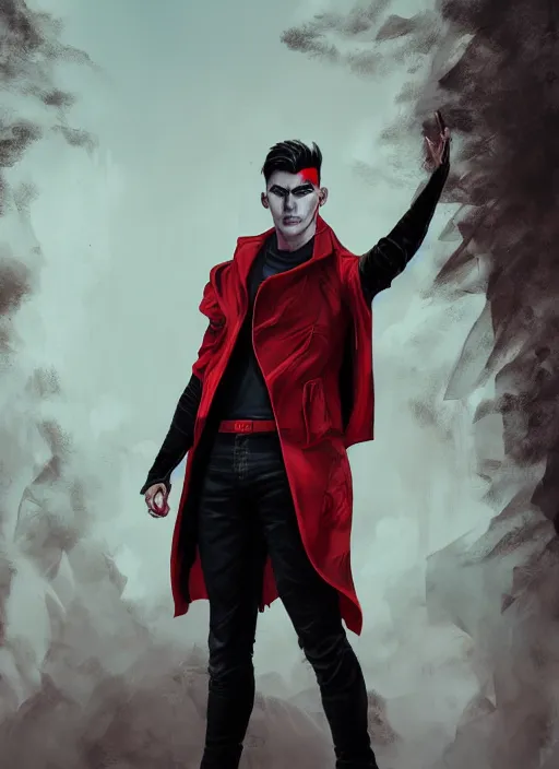 Prompt: An epic fantasy comic book style portrait painting of a young man with black and red undercut haircut, wearing a red shirt, black overcoat, blue jeans. Unreal 5, DAZ, hyperrealistic, octane render, cosplay, RPG portrait, dynamic lighting