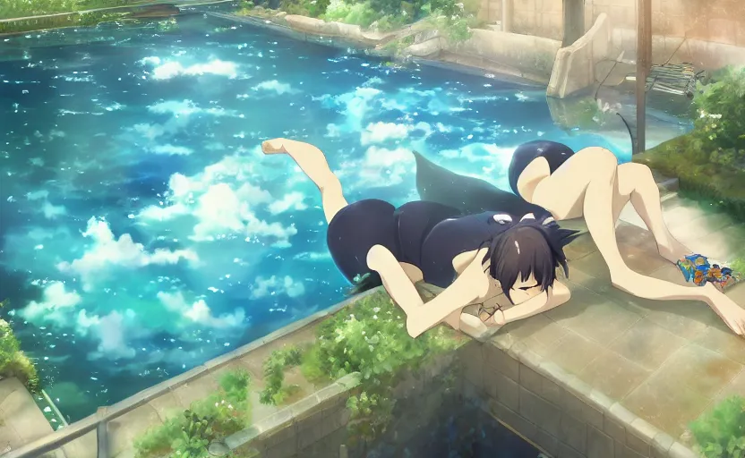 Image similar to An anime girl diving into a pool of water, anime scene by Makoto Shinkai, digital art