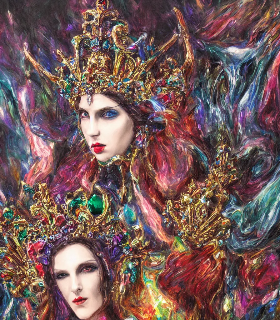 Prompt: empress of the nightmare realm vampire queen jeweled crown, exquisite oil painting, chromatic aberration