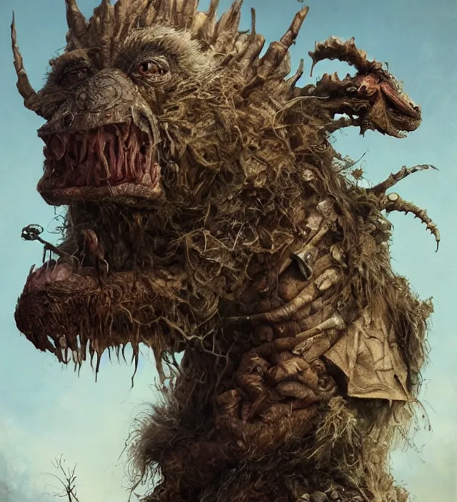 Prompt: hyper realistic portrait of postapocalyptic muppet show monster goblin, cinematic, symmetric, dark crystal, artstation, cgsociety, alan lee, jean baptiste monge, scott radke