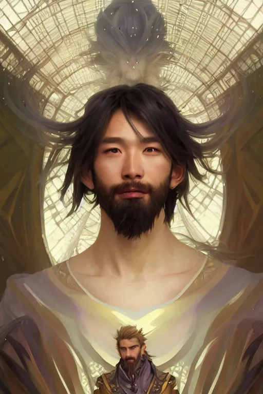 Prompt: portrait of a man with strange hairs, soft smile, final fantasy, league of legends champion, strong iridescent light, by chengwei pan and sakimichan and greg rutkowski and alphonse mucha, gradient white to gold, in front of a magical building background, highly detailed portrait, digital painting, smooth, focus illustration