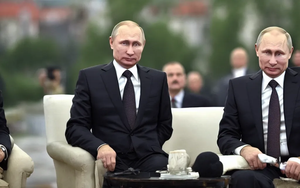 Prompt: vladimir putin on the back of alexander lukashenko