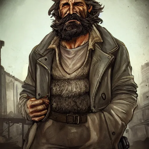 Prompt: centered detailed portrait of an old smuggler with a huge beard::post apocalyptic, Fallout style, destroyed city on background::realistic character concept, identical eyes, gazing eyes, beautiful eyes, medium shot, elegant pose, science fiction, illustration, slender symmetrical face and body, artstation, cinematic lighting, hyperdetailed, cgsociety, 8K, 4K, high resolution, single face, insanely detailed and intricate, beautiful, elegant, golden ratio, vfx::art by Charlie Bowater, Tom Bagshaw, James Christensen, Mark Brooks, Tom Richmond