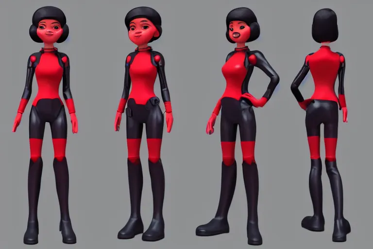 Image similar to 3d model sheet tpose turnaround of a cute sensual female sci fi character with black hair and red retrofuturistic space outfit with stylized pixar mom extreme proportions