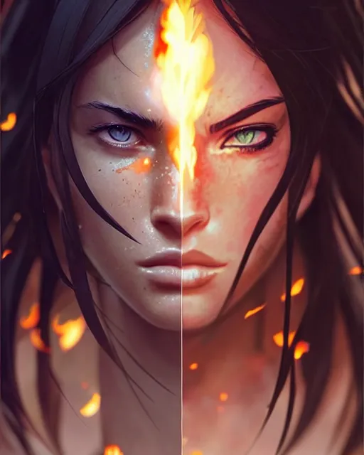 Image similar to azctec warrior, megan fox, detailed perfect face, exquisite details, fire magic, mid view, design on a white background, by studio muti, greg rutkowski makoto shinkai takashi takeuchi studio ghibli