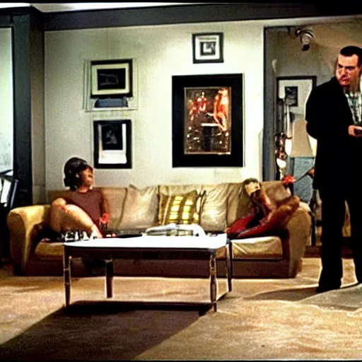 Prompt: black hole whirlpool sucking in a living room, still from an episode of the sopranos, trapeze