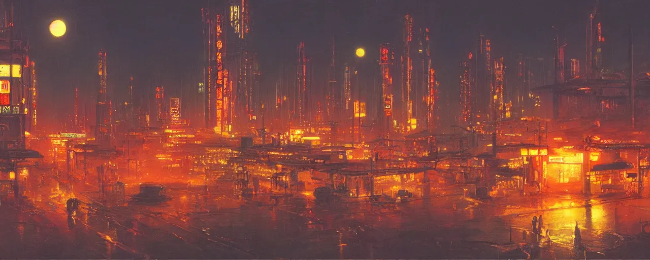 Image similar to awe inspiring bruce pennington cityscape, digital art painting of 1 9 6 0 s, old japan at night, 4 k, matte