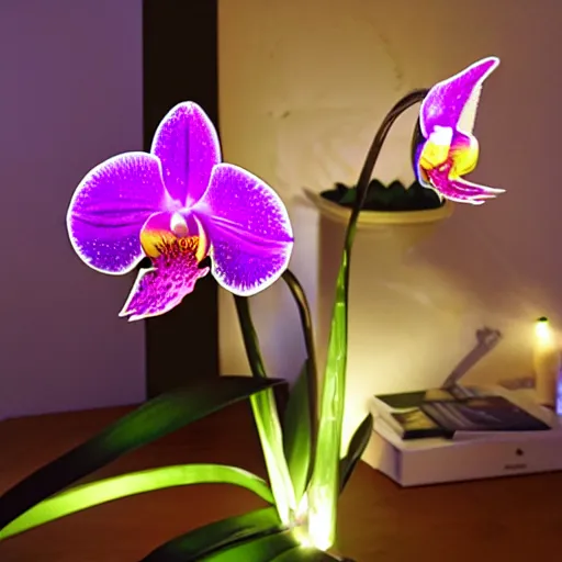 Image similar to an orchid flower, robotic, made of metal, shiny, LED lights, glowing, unreal engine