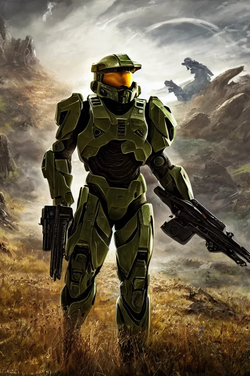 Image similar to master chief from halo 3 hunting easter eggs, easter, oil on canvas, intricate, portrait, 8 k highly professionally detailed, hdr, cgsociety