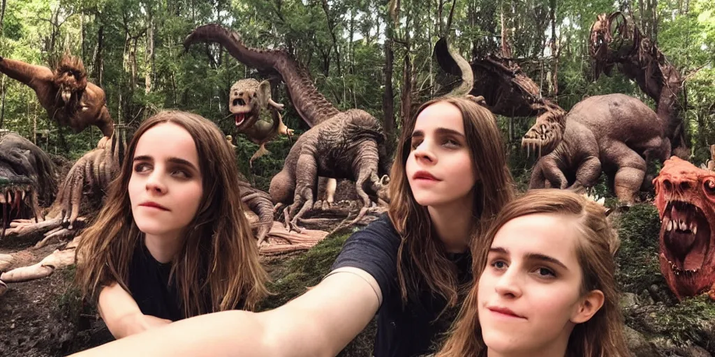 Prompt: photo, hairy fat cave people, emma!! watson!!, looking at camera, surrounded by dinosaurs!, gigantic forest trees, sitting on rocks, bright moon, birthday cake on the ground, front close - up view of her face, selfie, jelly monster