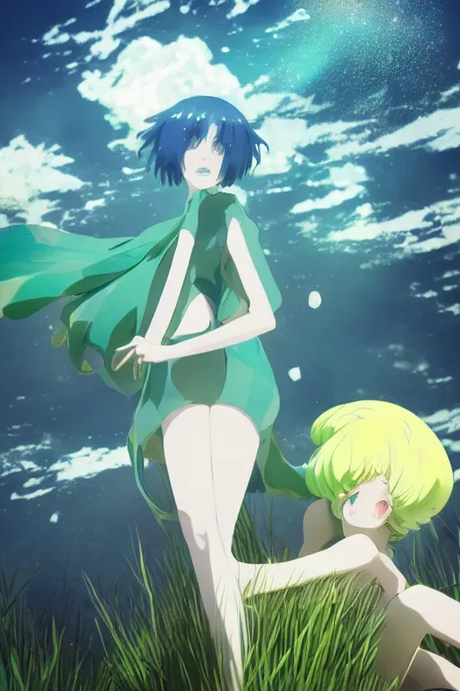 Prompt: 3D CG anime Land of the Lustrous Houseki no Kuni character Phosphophyllite person made of gem rock standing in a grassy field on a sunny day, 3D render, 8k, key visual