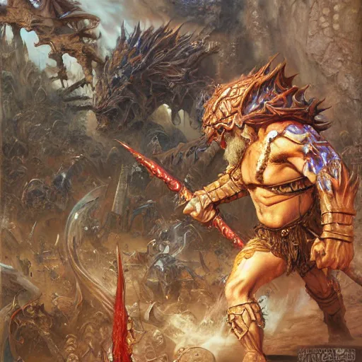 Image similar to art by donato giancola and bayard wu and gustav moreau and wayne barlowe, a fantasy cinematic shot of a dwarf berserker, fighting, warhammer, dnd, fighting monsters, octane render, hyperreal,